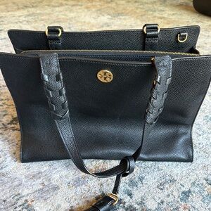 Tory Burch Black Pebbled Leather Tote with Gold Logo Hardware